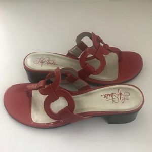 Red Patent Leather Low Heel Sandals Slip On Shoes